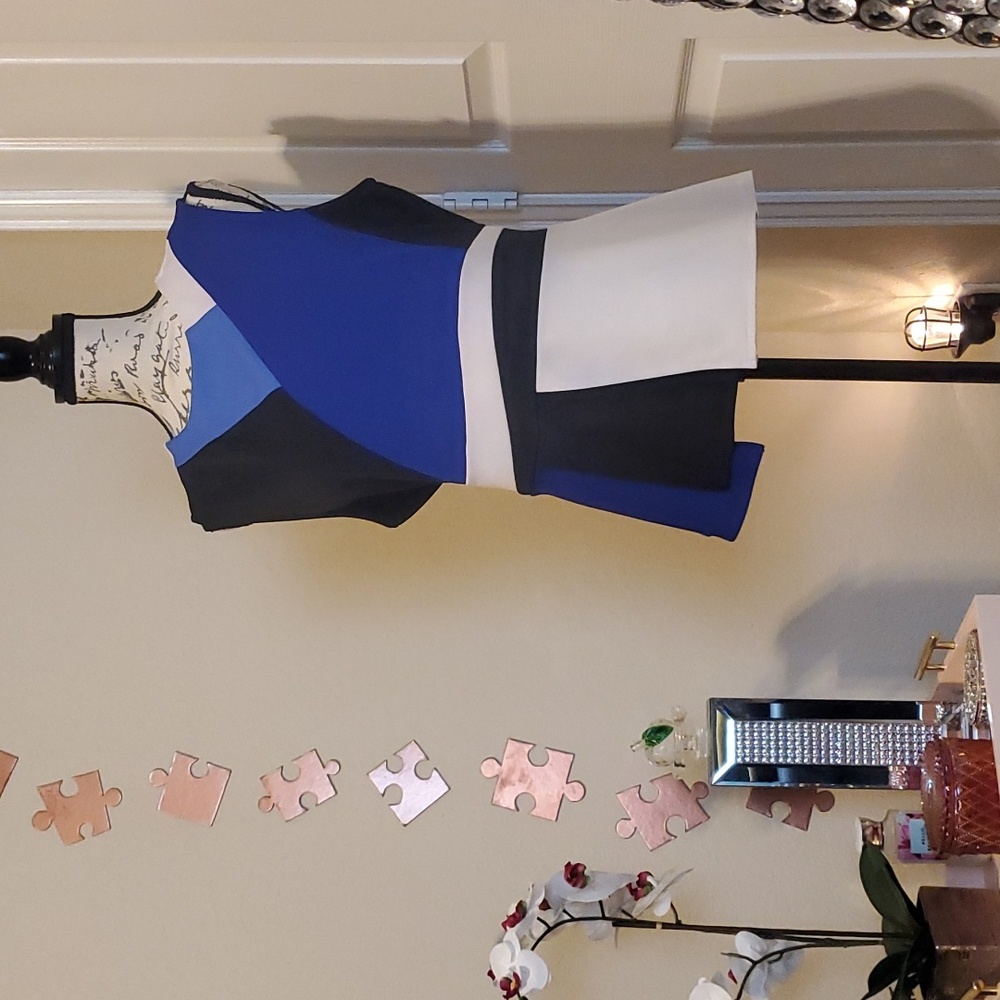 Worthington petite peplum top, blue, black, & white, XLP